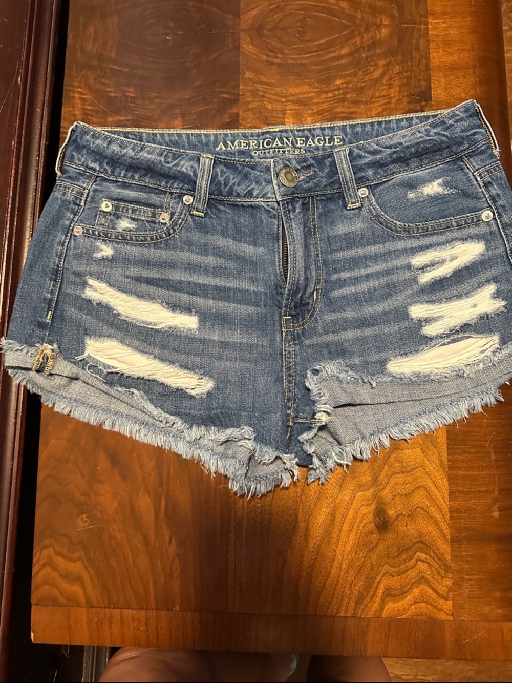 American Eagle Outfitters Ripped Dark Blue Denim Jean Shorts 4